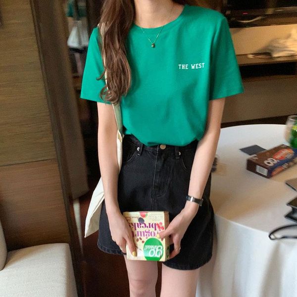 

women's t-shirt korean chic casual simple basic round neck hit color letter printed mid-length harajuku style, White