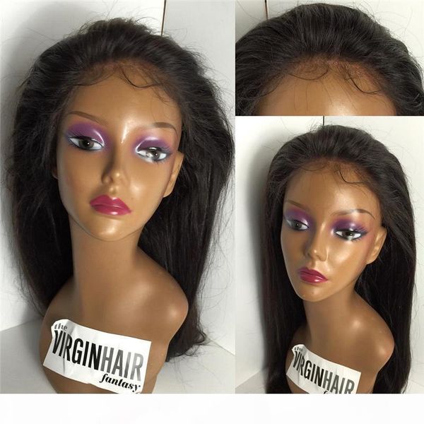 

8a grade lace front human hair wig silk full lace wigs natural straight with baby hair for black woman, Black;brown