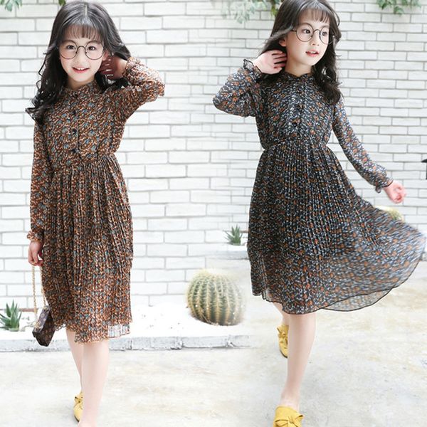 

girls dress elegant summer vintage style floral kids dresses for girl long-sleeved chiffon princess dress teenage girls clothes, Red;yellow