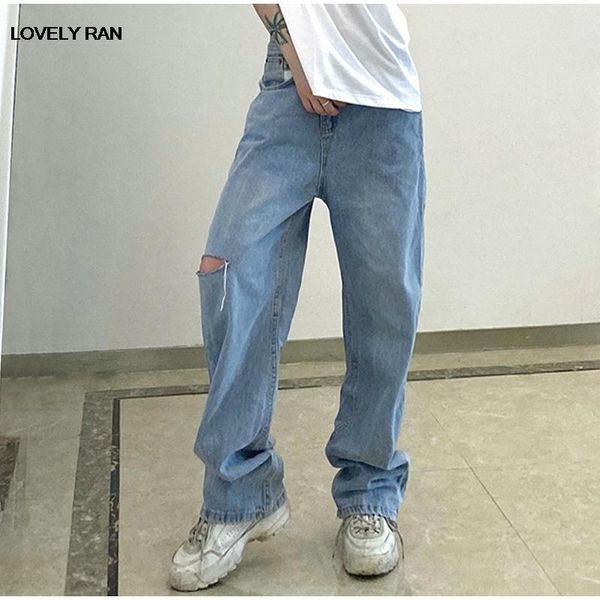 

women's jeans irregular hole pocket streetwear lady denim women hit color straight solid blue long pants for autumn fashion 2021