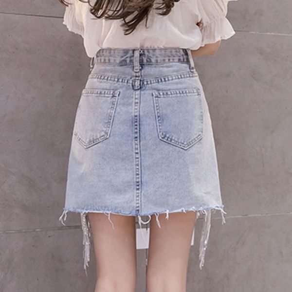 

2021 new summer korean women denim skirts cute high waist package hip a-line fashion beading sequins tassels skirt ropa mujer b05604 185d, Black