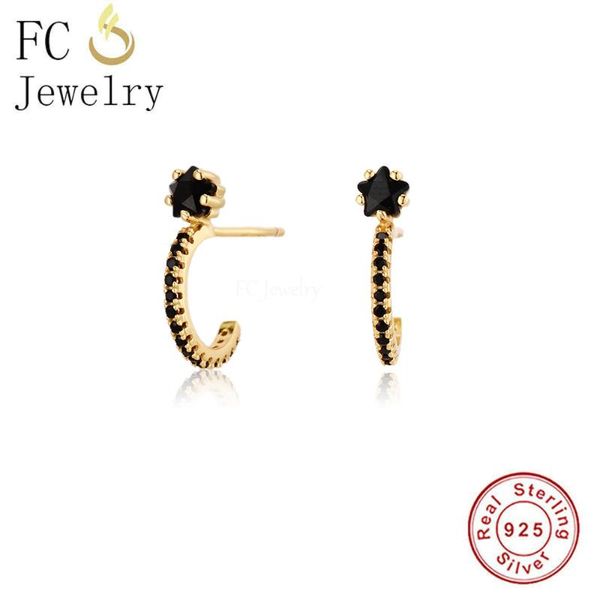 

hoop & huggie 925 sterling silver 18k gold semicircle arc black cz earring for women ear piercing boucles oreilles pendientes 2021 summer, Golden;silver