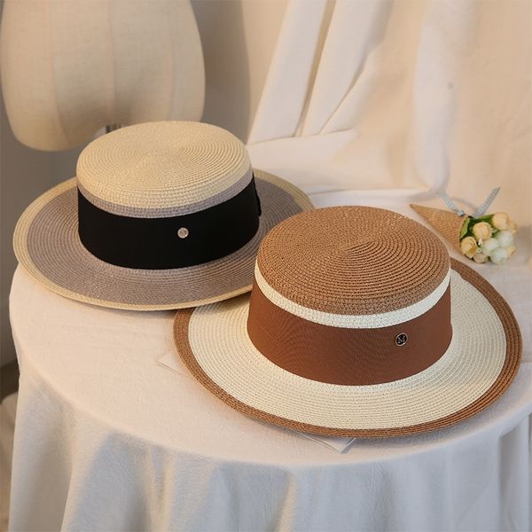 

summer elegant retro women flat straw trip caps leisure sun hats m letter breathable flower beach hat 210311, Blue;gray