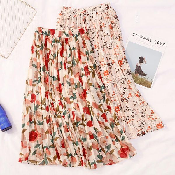 

skirts 2021 summer long womens streetwear a-line mid-calf length high waist chiffon lady floral pleated skirt, Black