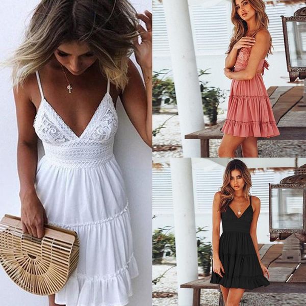

casual dresses pleated women vintage lace dress summer sleeveless v neck mini high waist solid white princess, Black;gray