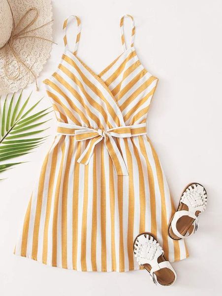 

girls surplice neck self belted two tone striped cami dress she, Red;yellow