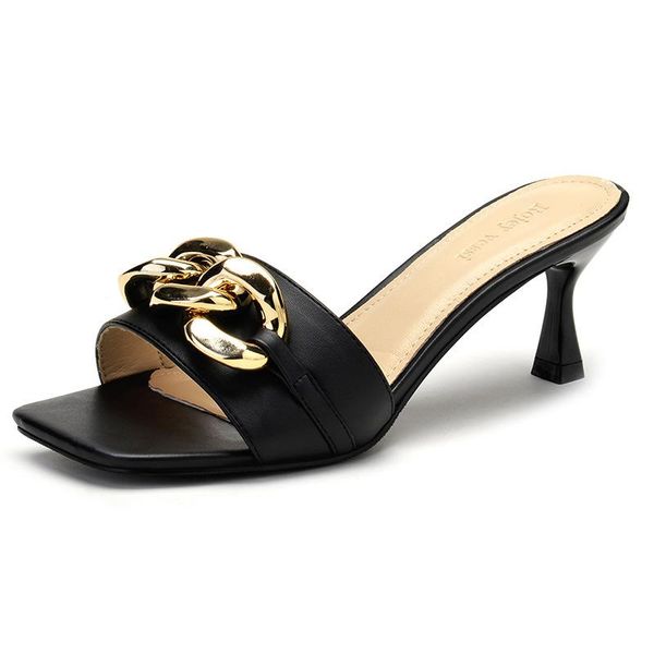 

sandals 2021 summer fashion thin high heels square head slippers for women 38 39 40, Black