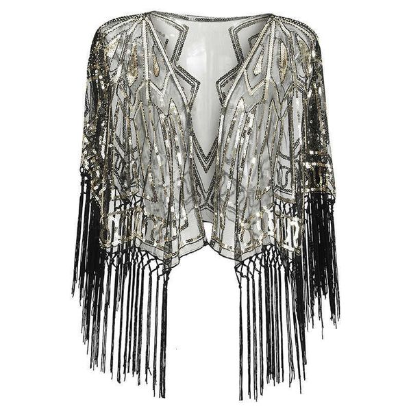 

luxury evening party dresses 1920s tassel sequin evening creative party dinner shawl, Black