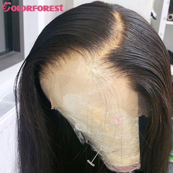 

lace wigs coloforest 13x4 frontal wig long bone straight human hair preplucked and bleached knots glueless front 1b, Black;brown