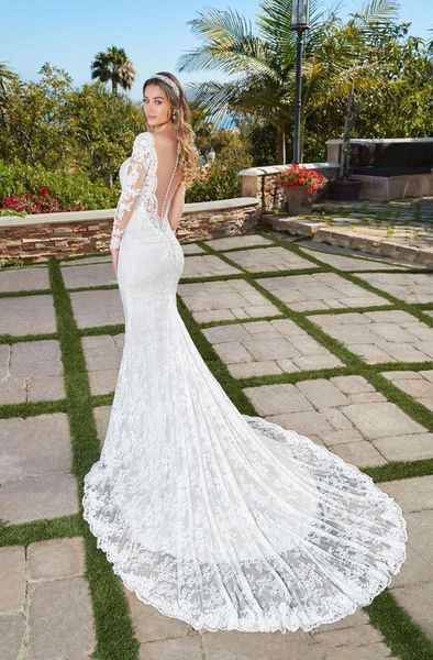 

long sleeve lace wedding dresses mermaid boat neck bridal gowns sheer illusion plus size formal dress gown see through vestido de novia, White