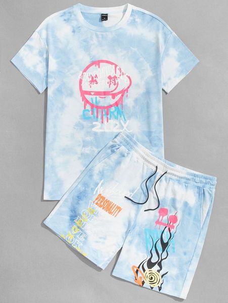 

men tie dye cartoon and letter graphic tee & drawstring waist shorts k1lo#, Gray