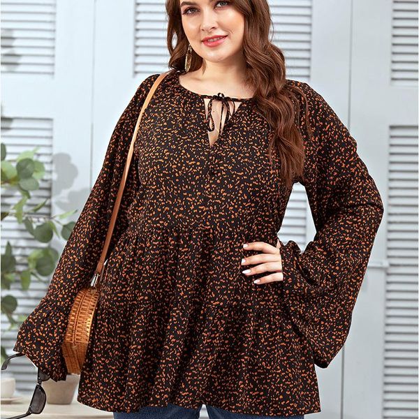 

2021 fashion women blouse plus size female v neck flare long sleeve dot print casual blouse long ladies tunic, White