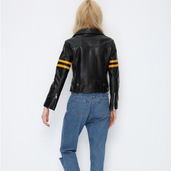 

women's leather & faux women slim fit short real jacket motorcycle biker coat designer female punk stage show sheepskin, Black
