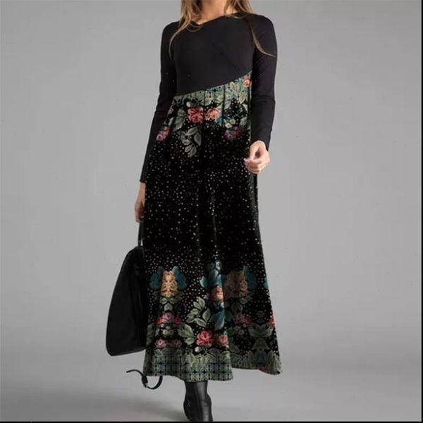 

2021 fashion maxi dress women elegant o neck floral print autumn long sleeve patchwork trendy ropa mujer talla grande, Black;gray