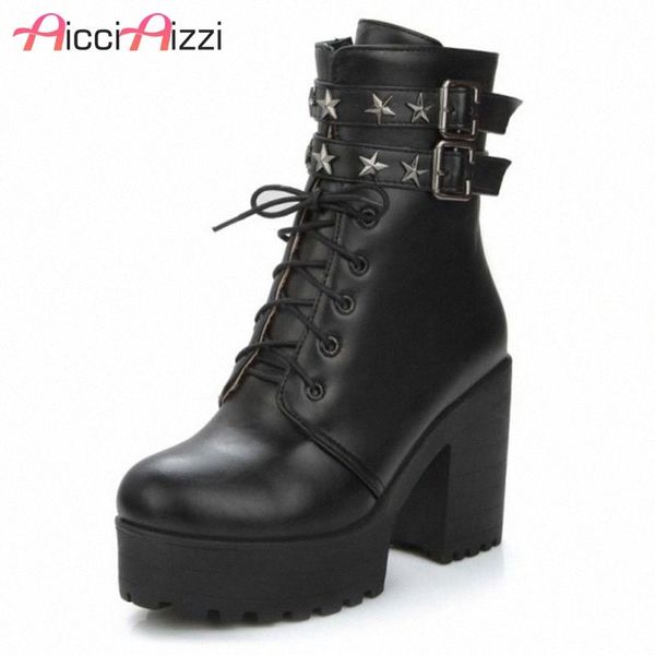 

aicciaizzi size 34 43 lady high heel boots platform cross strap rivet round toe thick heel boot handmade winter warm botas j48a#, Black