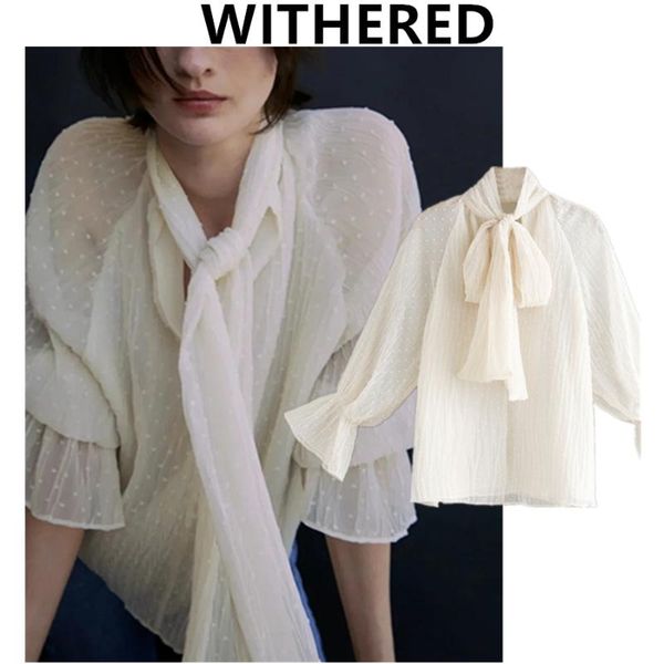 

withered autumn blouse women england office lady fashion elegant bow dot jacquard weave casual blusas mujer de moda 2021 shirt, White