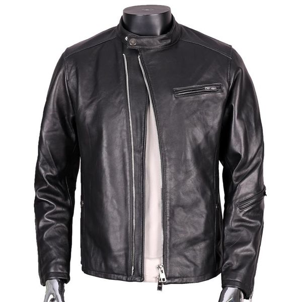 

men's leather & faux 2021 black slim fit genuine jacket men stand collar plus size 4xl real thin sheepskin spring motorcycle coat