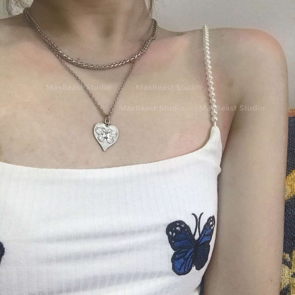 

japanese and korean style metal cool wind old butterfly pendant double necklace woman, Silver