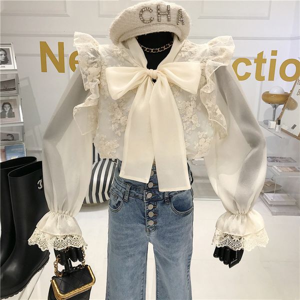 

spring temperament versatile trend sweet tie burning bow female shirt loop e3xd, White
