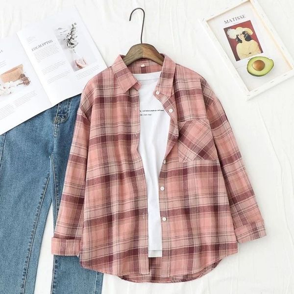 

plaid shirt women spring and autumn casual long-sleeved stand-up collar shirt loose jacket korean version of the wild cardigan, Black;brown