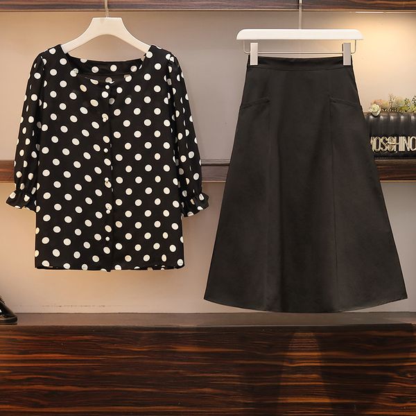 

plus size xl-5xl elegant female polka dot shirt suit and a line skirt from two joint 2021 new summer office matching clothes 19u0, Black;gray