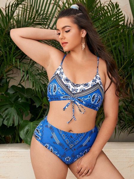 

plus paisley print drawstring front bikini swimsuit h2ay#, Black