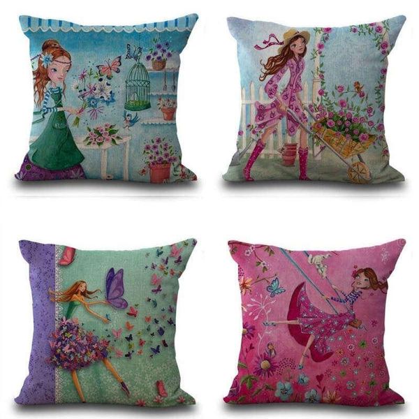 

pillow case cartoon girl pattern cotton linen pillowcase for home office sofa seat decor textile throw printed cover