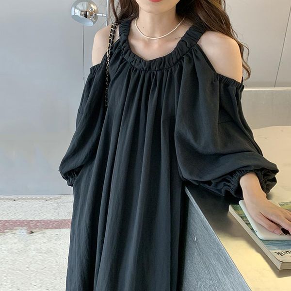 

casual dresses women clothing 2021 loose midi dress o neck lantern sleeve vintage female retor oversized qa179, Black;gray