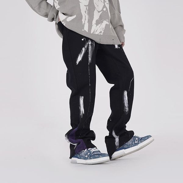 

men's jeans high street painted straight washed pants men and women oversize wide leg loose pockets casual denim trousers, Blue