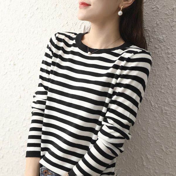 

women's sweaters 100% pure cotton woman sweater 2021 autumn clothing o-neck long sleeve casual basic jumper ladies stripe s-xxl, White;black