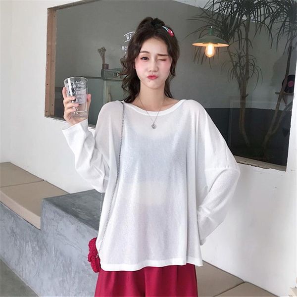 

women's t-shirt casual loose chic transparent long sleeve tshirts kawaii vintage lovely girl ins harajuku tshirt for women, White