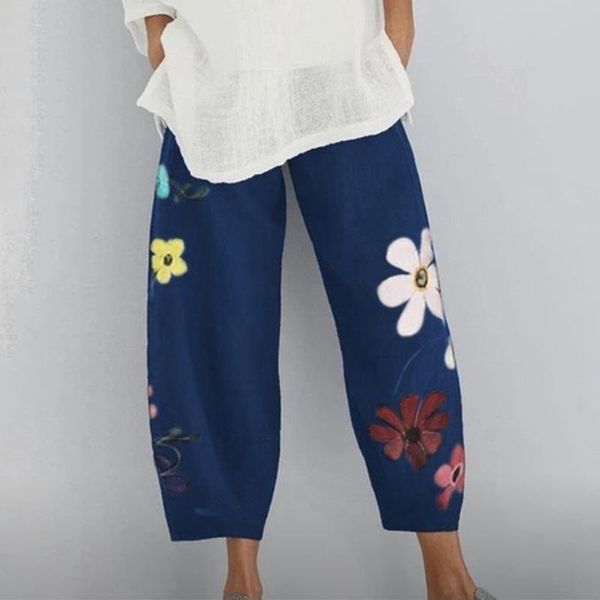 

women's pants & capris women casual harem summer elastic waist wide leg vintage floral print trouser femme loose pantalon plus size 202, Black;white