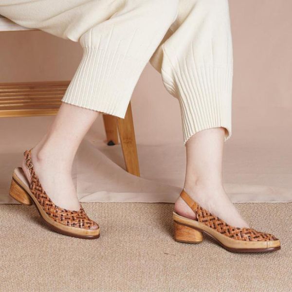 

sandals yourseason 2021 ladies vintage buckle strap peep toe shoes handmade women weave concise genuine leather, Black