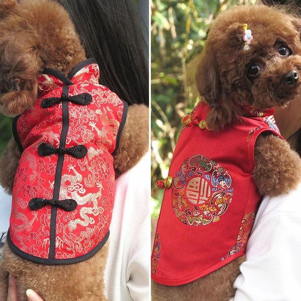 

dog cat clothes red chinoiserie cheongsam new year chinese costume pet