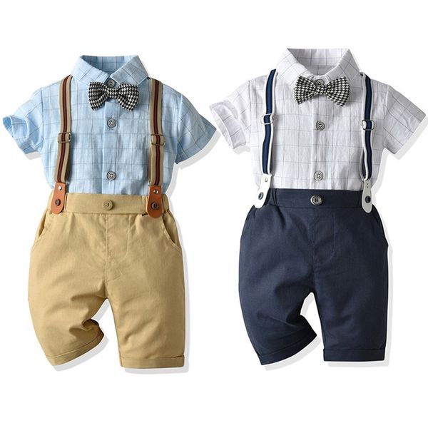 

baby boys clothes sets summer toddler gentleman cotton plaid shirt+ bowtie + suspender pant 4pcs infant outfits 1 2 3 4 ye ars 210615, White