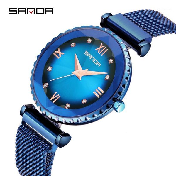 

wristwatches sanda brand 1013 luxury magnet stainless steel mesh band ladies dress fashion crystal quartz female clock women bracelet watch, Slivery;brown