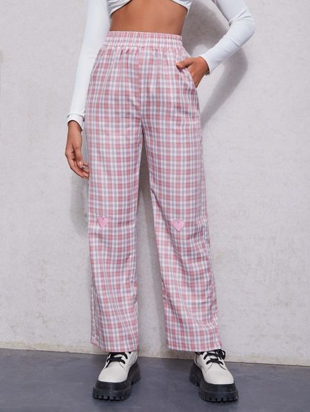 

high waist tartan heart embroidery pants w2mj#, Black;white