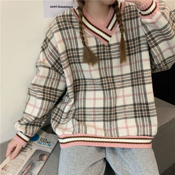 

2021 new autumn and winter thick plaid v-neck hoodie loose long-sleeved color matching college style sweatshirt women tsw3, Black