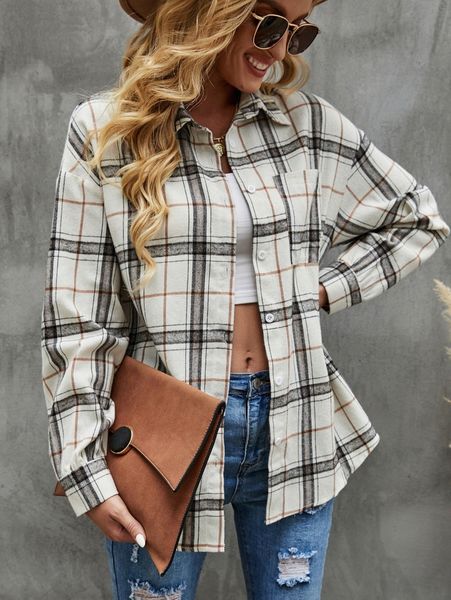 

plaid patched pocket drop shoulder blouse 15op#, White