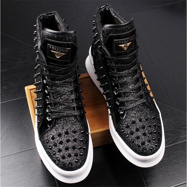 

2021 men fashion red casual ankle boots spring autumn punk style rivets trend shoes male leather high hip hop sneakers 38-44, Black