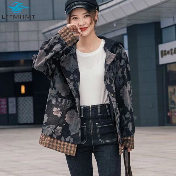 

2021 fake two pieces vintage print denim coats women autumn new fashion large size casual streetwear female hooded retro bnf5, Black;brown