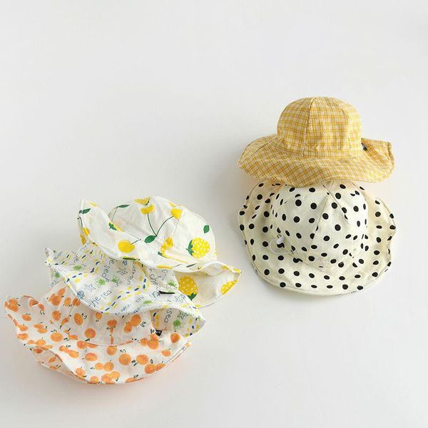 

caps & hats spring summer dots plaid printing baby fisherman cotton kids boys girls sun beach autumn bucket hat, Yellow