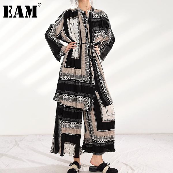 

eam] wide leg pants big size pleated two piece suit new stand collar long sleeve women fashion tide spring autumn 2021 ae999, White