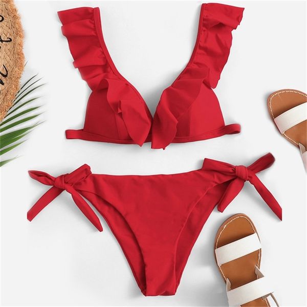 Bikini Brasilianische Mujer Sommer Rüschen Bademode Frauen Rot Weiß Schwarz Push Up Pads Sexy Badeanzug Verband Zwei Stück Schwimmen Tragen 210625