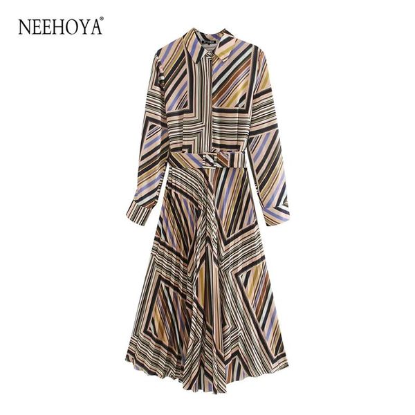 

casual dresses neehoya women 2021 chic fashion office wear striped pleated midi dress vintage long sleeve with belt female vestidos, Black;gray