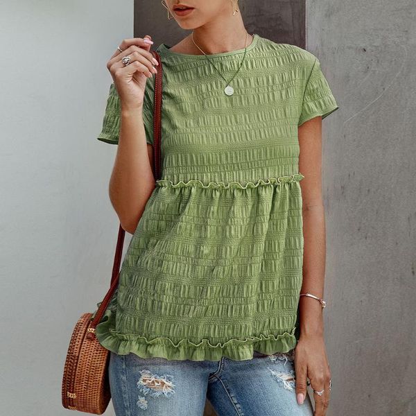 

ladies summer pink short shirt women round neck ruffled casual blouse slim pleated blouse elegant blusas mujer#3, White