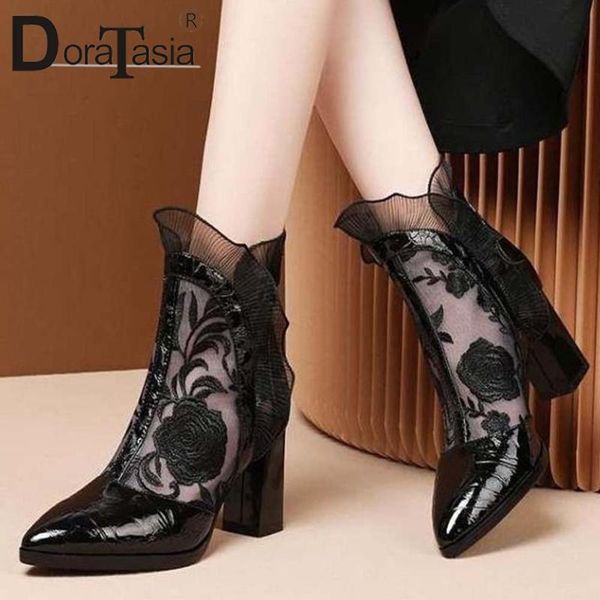 

boots doratasia brand fashion ladies chunky high heels spring ankle office mature elegant women pointed toe shoes woman, Black