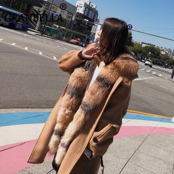 

women's fur & faux luxury natural collar duck down coat with hood for women winter warm wool shell long parks overcoat female outwear, Black