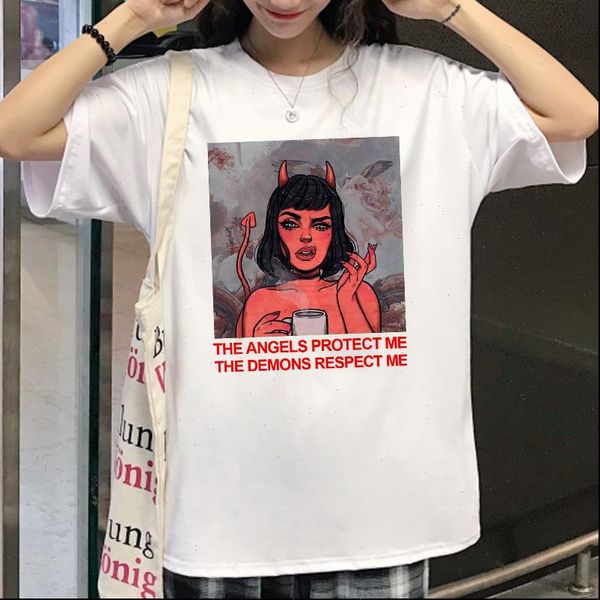 

the angels protect me the demons respect me print t shirt chic harajuku vintage bf large size loose womens fashion t, White