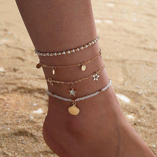 

anklets trendy crystal star beaded layered for women bohemian shell geometry metal anklet set jewelry 15406, Red;blue